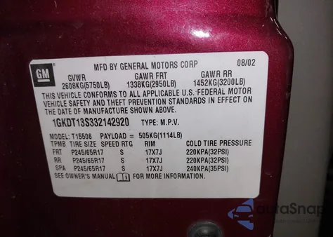 2003 GMC Envoy Sle z USA, uszkodzony, nr VIN 1GKDT13S332142920